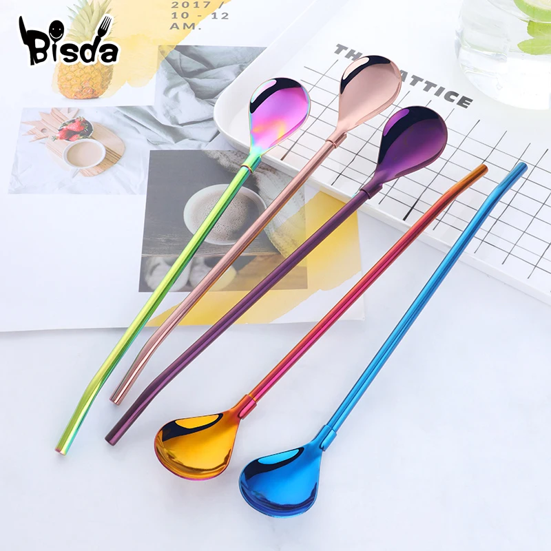

1Pc Stainless Steel Straw Spoon Gold Big Spoon Stirring Honey Tools Tea Scoop Reusable Straws with Gift Cleaner Brush Bar Party