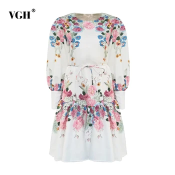 

VGH Pleated Print Dress For Female O Neck Lantern Long Sleeve High Waist Lace Up Causal Dresses Women Fashion 2020 Clothing Tide