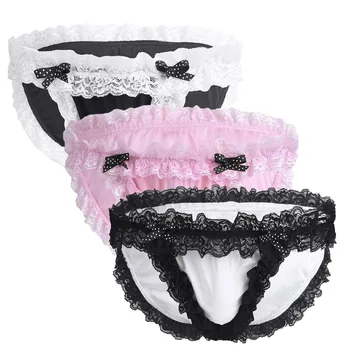 

Male Hot Sexy Gay Underwear Men Shiny Satin Soft Frilly Ruffle Lace Open Crotch Sissy Panties cos Lingerie Crotchless Briefs