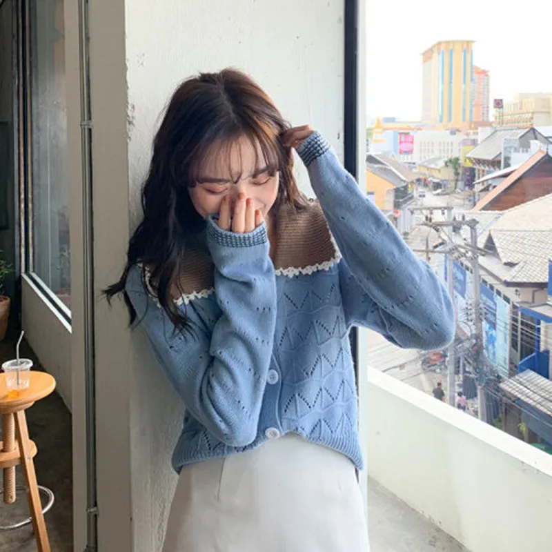 

3 colors 2020 spring and autumn korean style color patchwork collar knittd cardigans womens sweaters womens (X1286)
