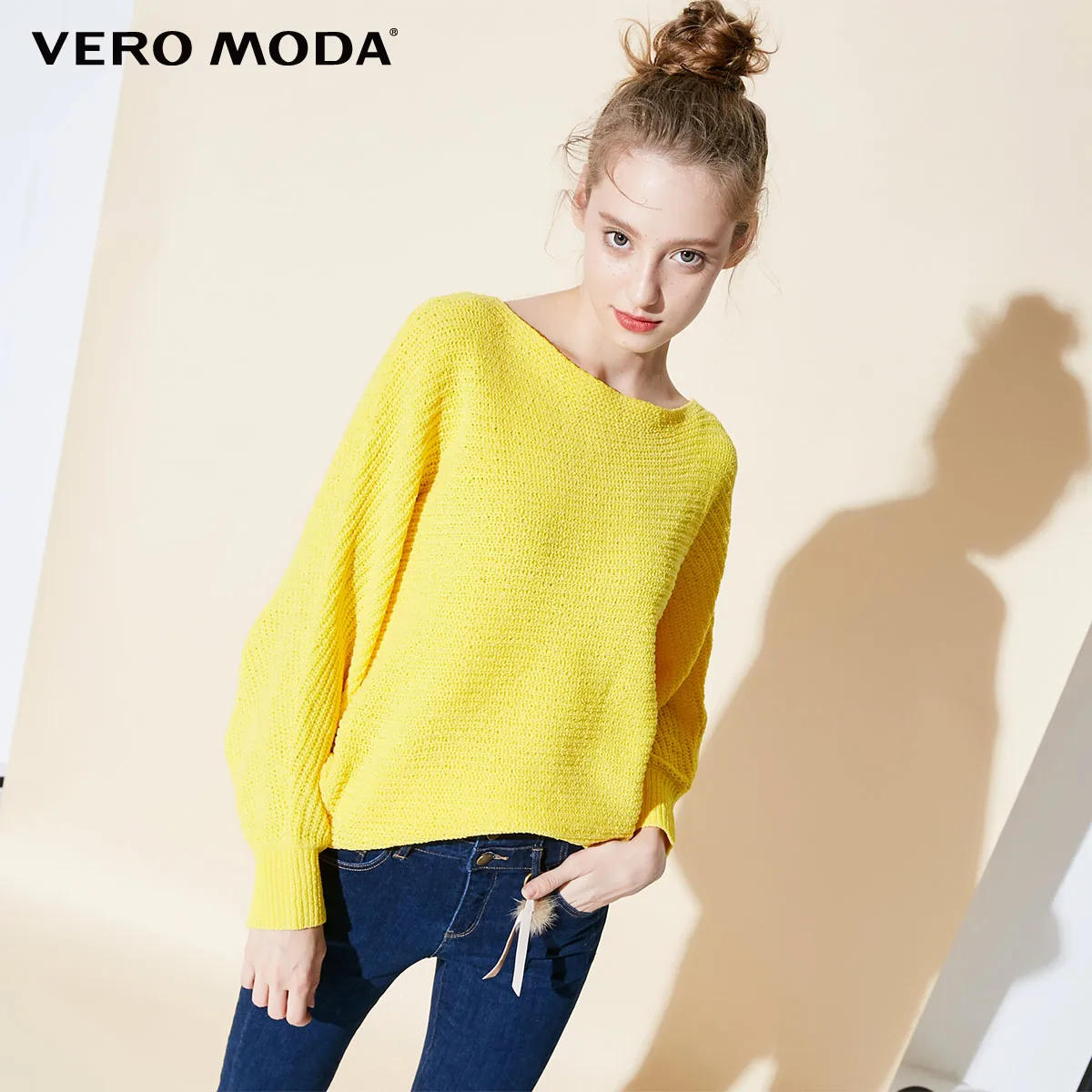 Vero Moda стиль Ins женские с открытыми плечами круглый вырез Чистый свободный крой вязать | 318413553 - Цвет: Dandelion