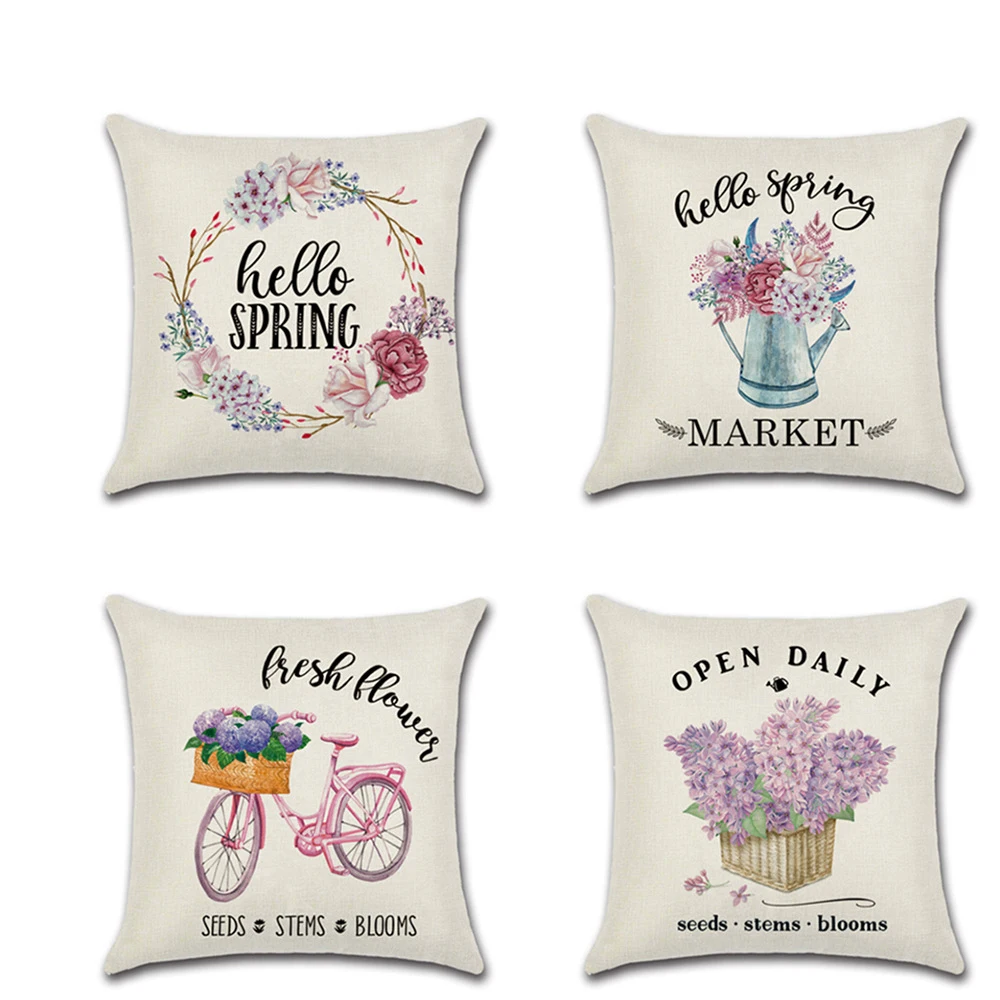 

45x45cm Linen Pillow Decorative Linen Cushion Cover Letter Printing Bicycle Flower Pillow Case Square Vintage