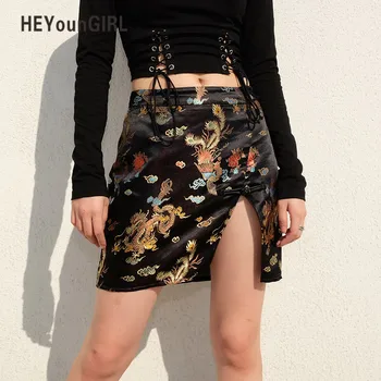 

New Sexy Chinese Style Bodycon Short Mini Skirt Printed Casual Black High Waist Skirt Split Side Pencil Skirts Womens Vintage