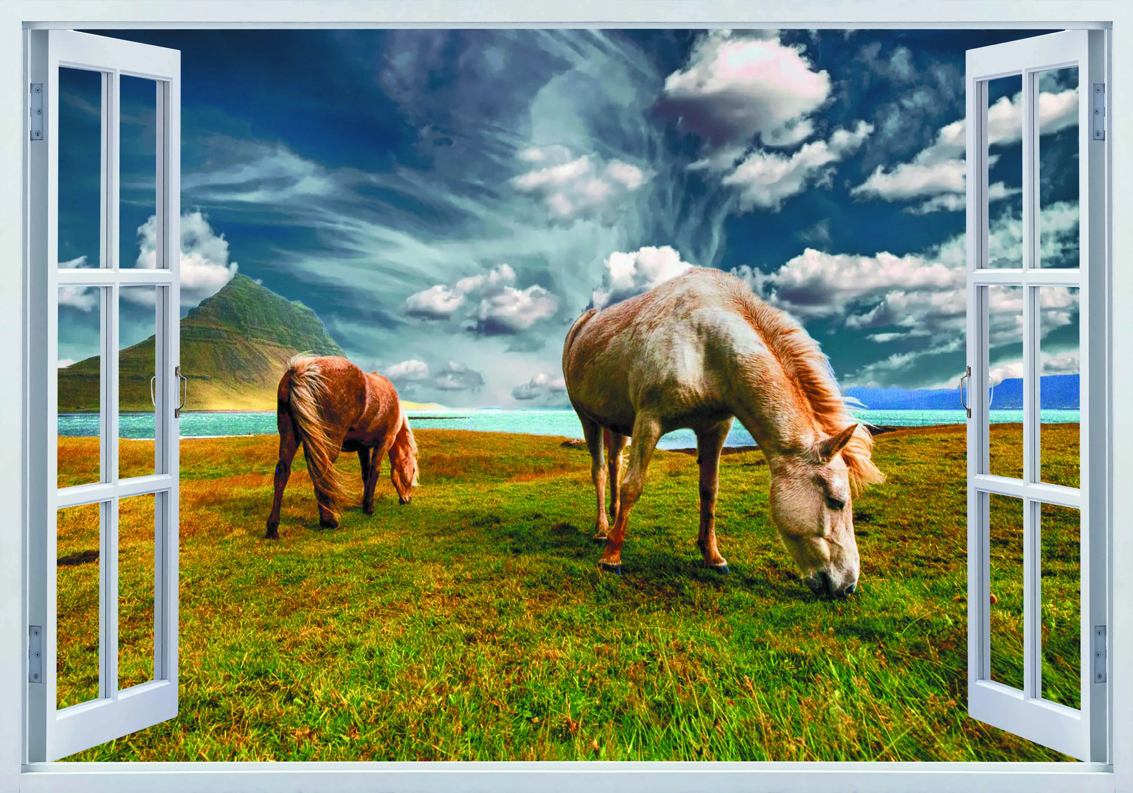 3d Hot Two Horse Under Sky Window Frame Window Mural Vinyl Bedroom