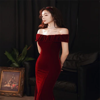 

Autumn 2020 New Off Shoulder Wine Red Bridal Toast Dress Show Formal Gowns For Wedding Party Vestido De Festa