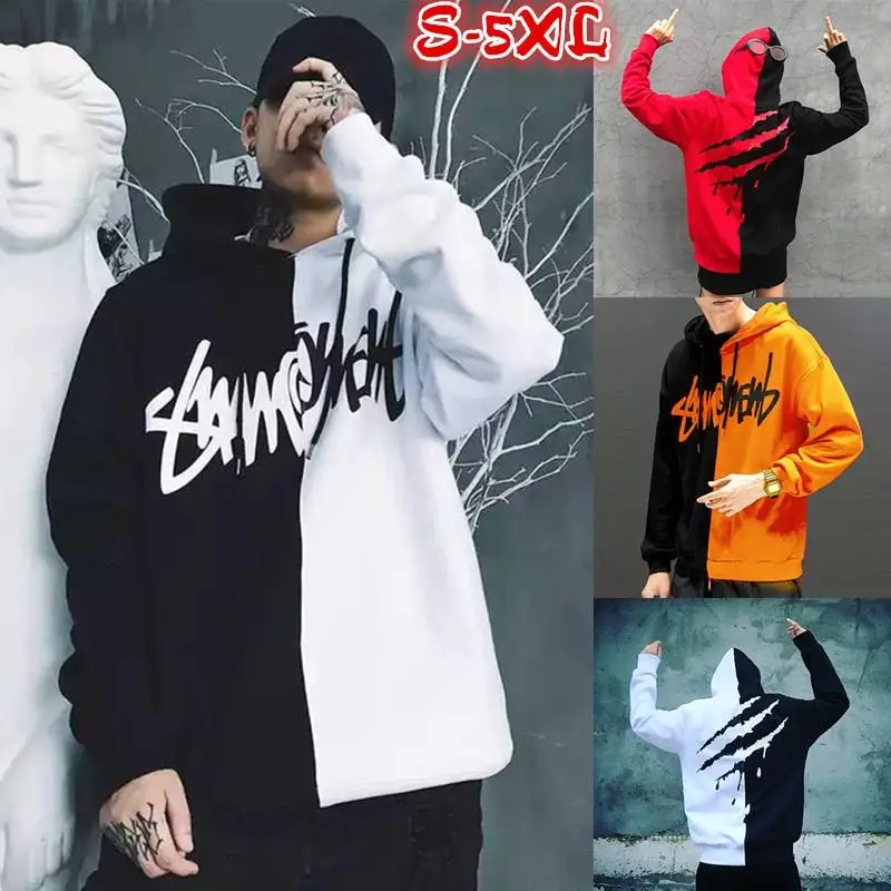 Men Scratches Hoodies Winter Harajuku Oversized Patchwork Print Male Sweatshirt Fashion Hip Hop Hooded Man Pullover Streetwear