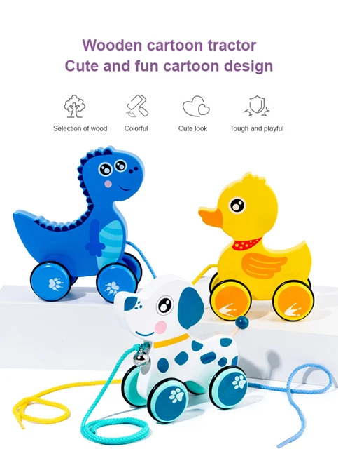 8 Colors Children's Wooden Cartoon Animal Trailer Early Education Puzzle Hand Pull Rope Push Walker Building Blocks Kids Toy Car 5
