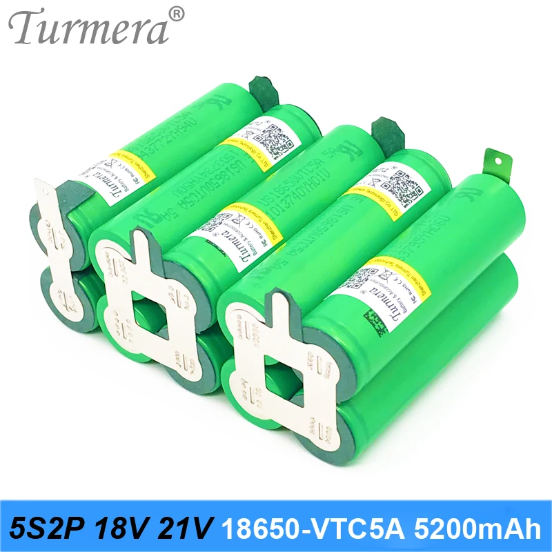 

Turmera 18V 21V 18650 Battery Pack 5S2P US 18650-VTC5A 5200mAh 35A Soldering Battery for Screwdriver Battery Shura customized F1