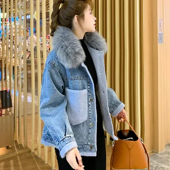 

Denim Jackets Thick Women 2020 New Cutton Padded Fashion Stitching Pocket Female Overcoats Loose Slim Wool Lapel Winter