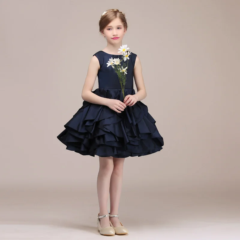 navy blue Бальное платье с круглым вырезом; темно-синие Сатиновые Платья с цветочным узором для девочек на свадьбу; коллекция года; многослойные короткие платья принцессы для подружек невесты - Цвет: navy blue