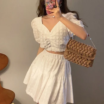

Summer Women 2pcs Set Elegant Sexy V-neck Short Puff Sleeve Black/White Hollow Out Short Tops + Skirt For Female Two Piece Set