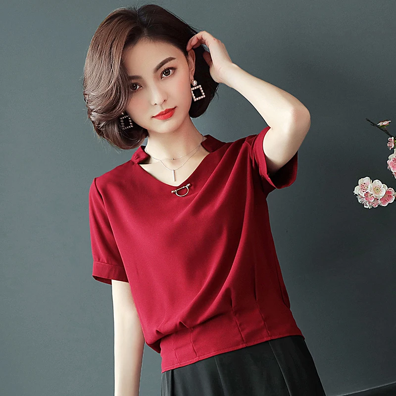 Летняя шифоновая Женская одежда Мода 2019 женские рубашки блузки короткий рукав