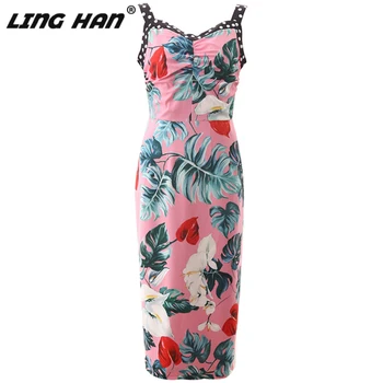 

LINGHAN Fashion Print Dress Women's Sexy V-neck Sleeveless Slim pencil Dresses Designer Spring Summer New