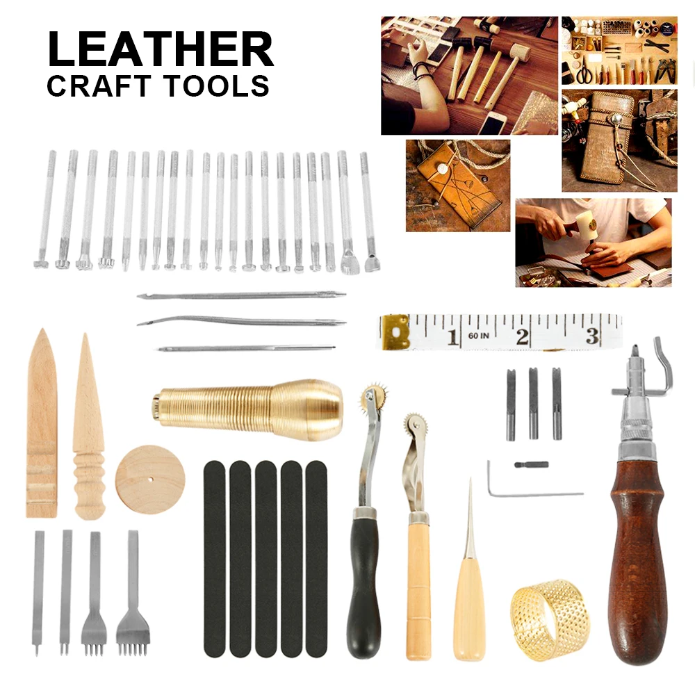 

59 Pcs/Set Leather Craft Tools Kit Hand Sewing Stitching Punch Carving Work Saddle Leathercraft Accessories