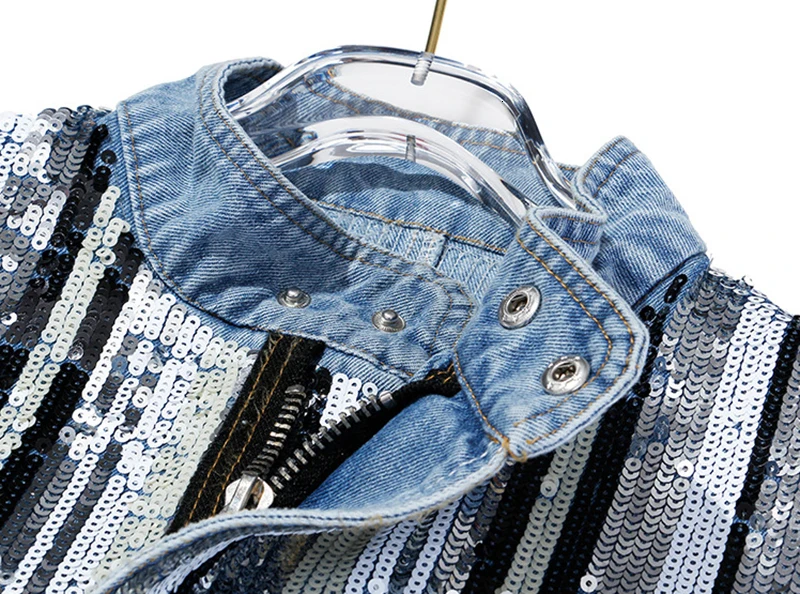 Joskaa Patchwork Sequins Striped Denim Coat For Women Lapel Collar Long Sleeve Hit Color Ripped Hole Jacket Female Fashion