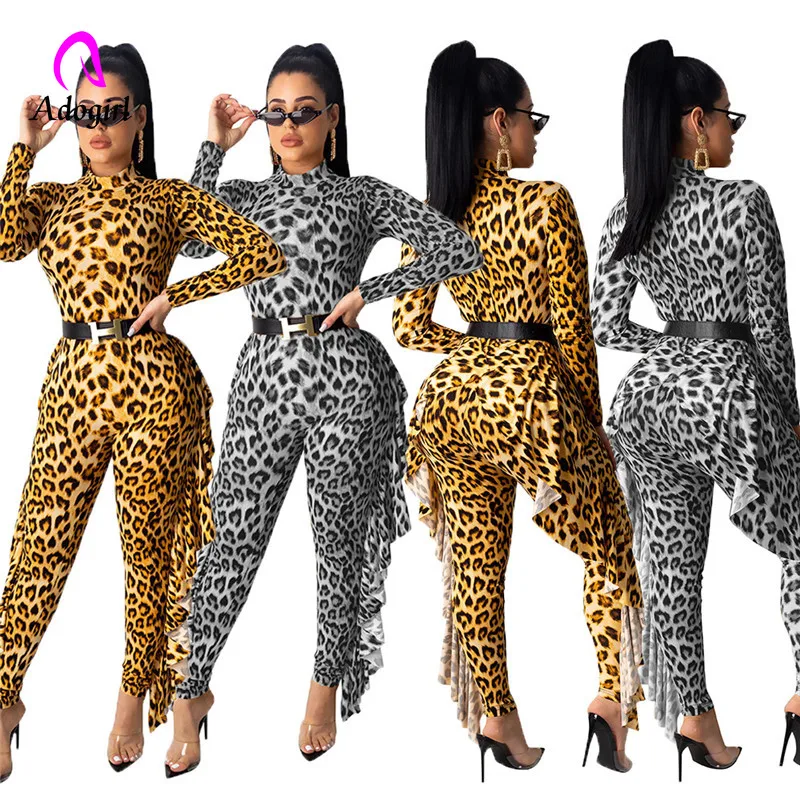 Gold Silver Leopard Print Ruffle Jumpsuit Turtleneck Long Sleeve Bodysuit Casual Skinny Romper Night Club Party Overalls Outfit