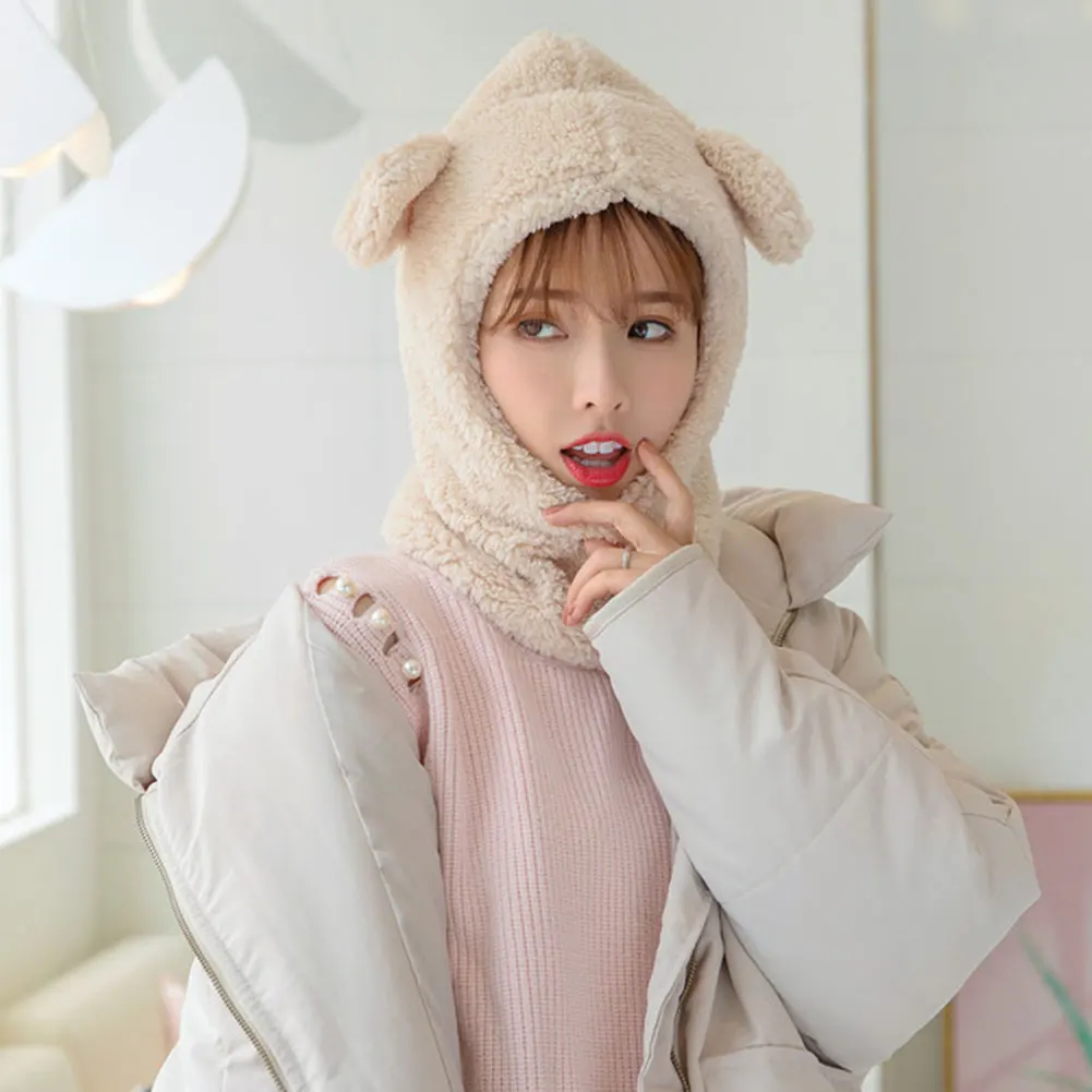Fashion Accessories Winter Warm Earflap Hood Full-Cover Face Mask Women Cute Fleece Scarf Hat Windproof Protective Neck Hat