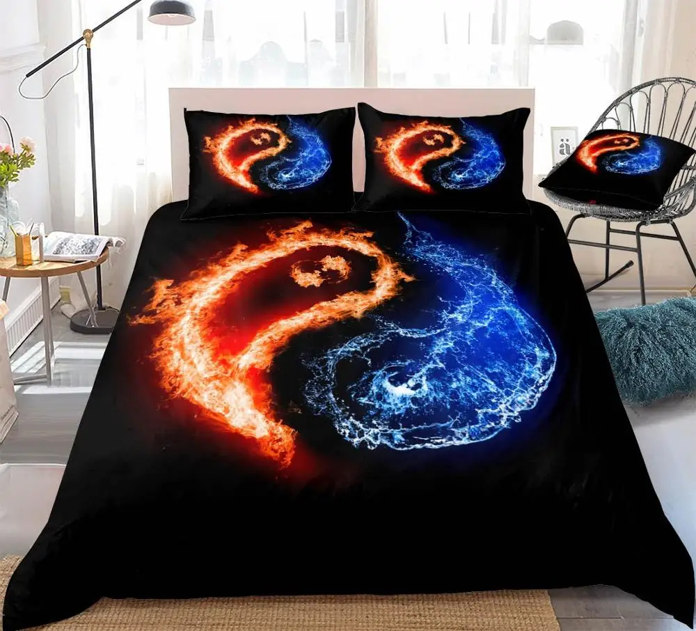 

3D Flame Bedding Set Yin Yang Pattern Duvet Cover Set Queen Bedclothes Mandala Bed Set Red Blue Bed Linens 3PCS Teens Dropship