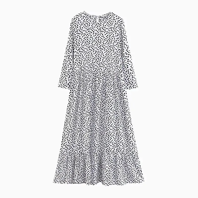 

Women Vintage Loose Polka Dot Dress Casual Three Quarter Sleeve Ruffles Dress Bohemian O-Neck Long Dress