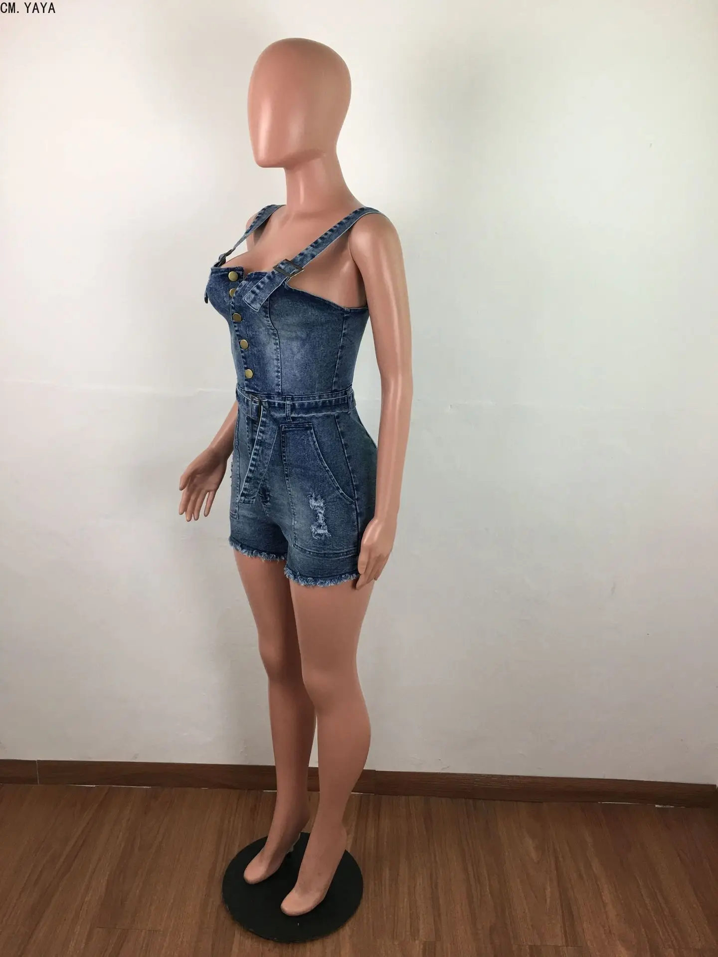 CM.YAYA, летний модный джинсовый комбинезон, сексуальный, облегающий, без рукавов, с открытой спиной, с поясом, ромперы на пуговицах, женский, небесно-голубой цвет, CM5019