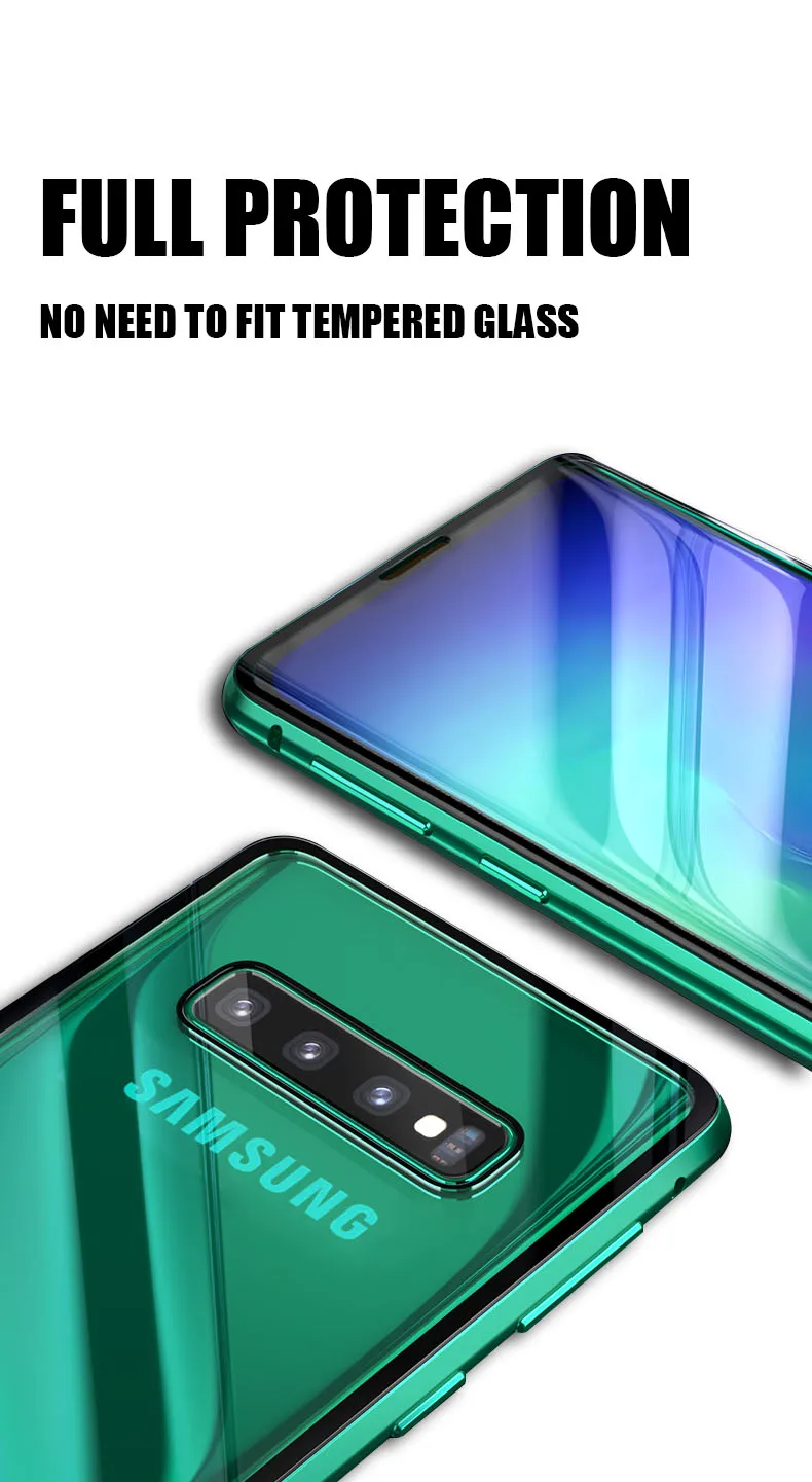 360 магнитный металлический чехол с полной защитой для samsung Galaxy A50 A7 S10 E S8 S9 Plus Note 10 9 8 двусторонний чехол из закаленного стекла