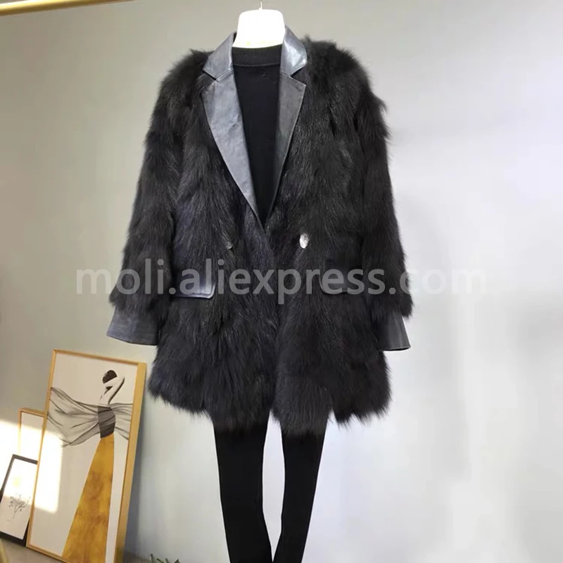 Шуба из натурального Лисьего меха с воротником зимнее пальто для женщин размера плюс элегантная Корейская Толстая теплая одежда - Цвет: Black