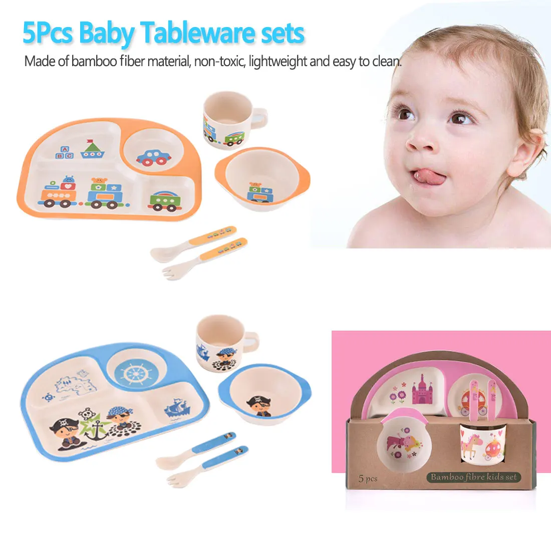 

5Pcs/set Eco-friendly Bamboo Fiber Baby Plate Dishes Children Tableware Set Dinnerware Creative Feeding Bowl Separation Plate