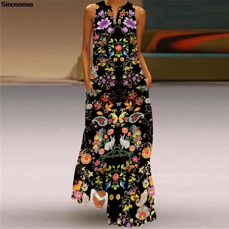 Casual Long Dress Pockets Women Floral Print Vintage Summer Boho Sundress Sexy V Neck Tunic Tank A LIne Loose Beach Party | Женская