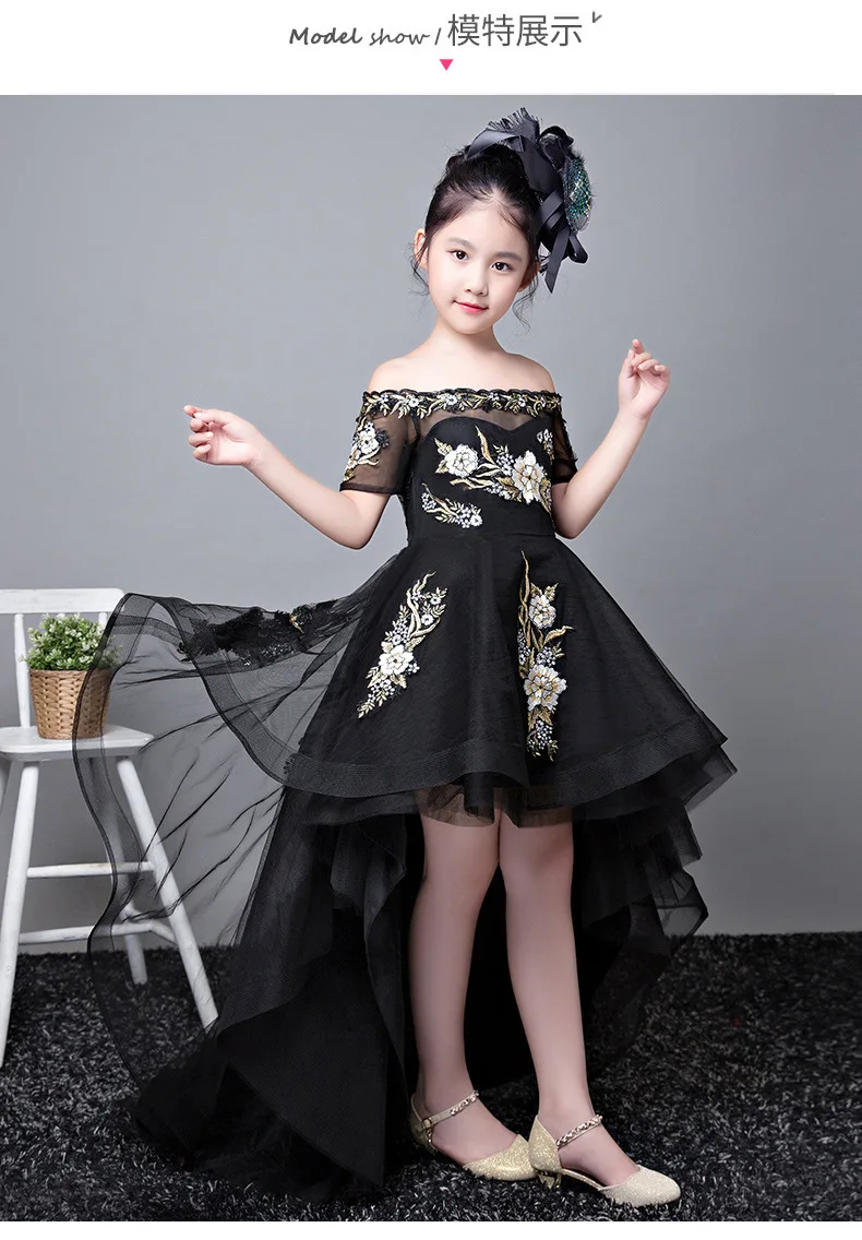 Children Birthday Formal Dress Autumn And Winter New Style Girls Nobility Fashion Catwalks Black And White with Pattern Tai