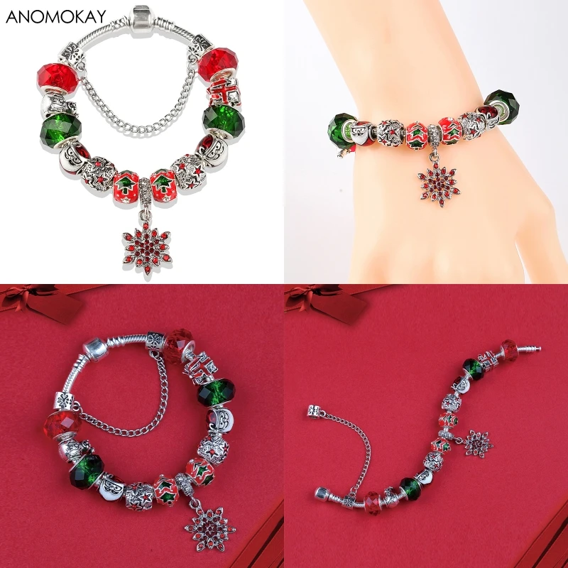 European& American Trendy Christmas Apple Charm Bracelet& Bangle Red Flower Crystal Diy Bead Bracelet Jewelry for Women