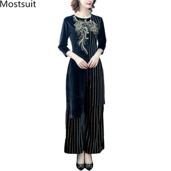 

Velvet Vintage Striped Two Piece Sets Outfits Women Plus Size Floral Patchwork Long Tops And Wide Leg Pants Suits Elegant Sets