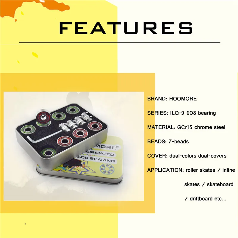 HOOMORE ABEC-9 смазанный подшипник для катания на коньках 608rs ILQ-9 ступицы гладкие низкие сопротивления для роликовых коньков встроенные патины скутер скейтборд