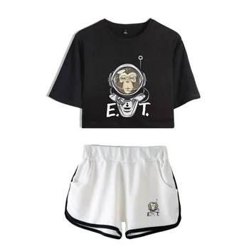 

ET Hot Two Pieces Short-sleeved T-shirt + Shorts Exclusive Fashion Hot Dew Belly Two Pieces Of Suit Women XS-2XL