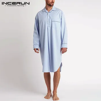 

INCERUN Fashion Men Long Sleeve Sleep Robes Plaid Leisure Dress Nightgown Sleepwear Lapel Comfortable Mens Bathrobes Homewear