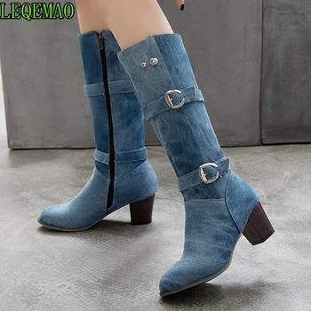

Sexy Jean Boots Women's Long Tube Short Boot Winter High Heel Denim Boot 2019 Lady Stylish Jeans Boots Buckle Strap Shoes Cowboy