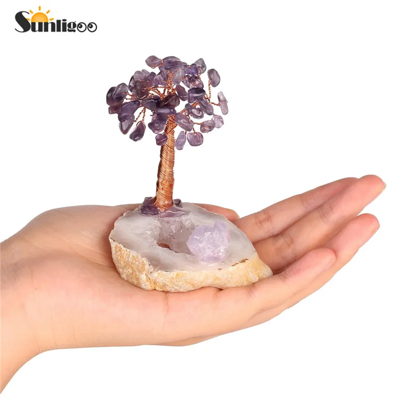 1x Amethyst Sunligoo 1x мини натуральный кристалл денежное дерево румяный драгоценный камень бонсай дерево и сырой Агат кварц Geode база фэн шуй хрустальные статуэтки - Цвет: 1x Amethyst