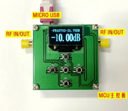 PE43702+ MCU+ OLED 9 K-4 ГГц 0,25 дБ 31,75 дБ Цифровой радиочастотный аттенюатор модуль