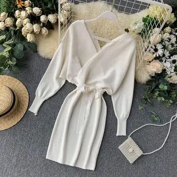 

Elegant Batwing Sleeve V Neck Knitted White Dress 2020 Autumn Winter Vintage Women Dress Sash Ladies Office Dress