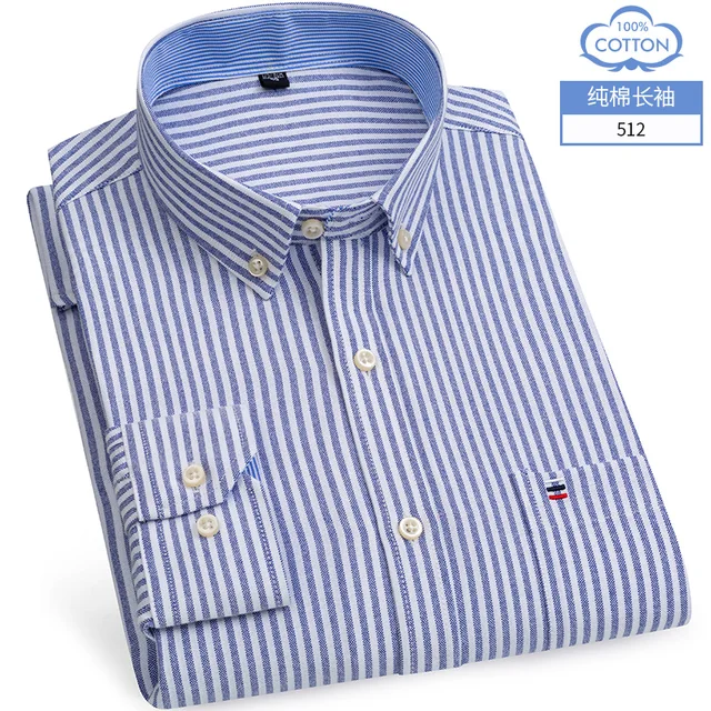 S- 6XL Oxford Shirts For Mens Long Sleeve Cotton Casual Dress Shirts Male Solid Plaid Chest Pocket Regular-Fit Man Social Shirt 512