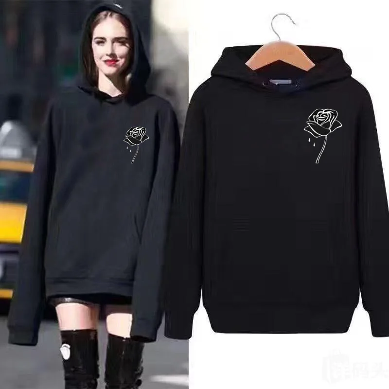 Rose Print Women's Sweatshirt Harajuku Long Sleeve Black Hoodies Hip Hop Street Couple Hoodie Christmas Clothes Sudaderas Mujer | Женская