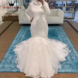 Свадебное платье мусульманское платье-Русалка с длинным рукавом высокая шея Кружева Бисероплетение 2019 Новый дизайн винтажные официальные