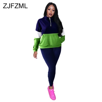 

Causal Panelled 2 Piece Set Women Festival Clothing Hooded Full Sleeve Zipper Front Pockets Sweatshirt + Pencil Pants Winter Set