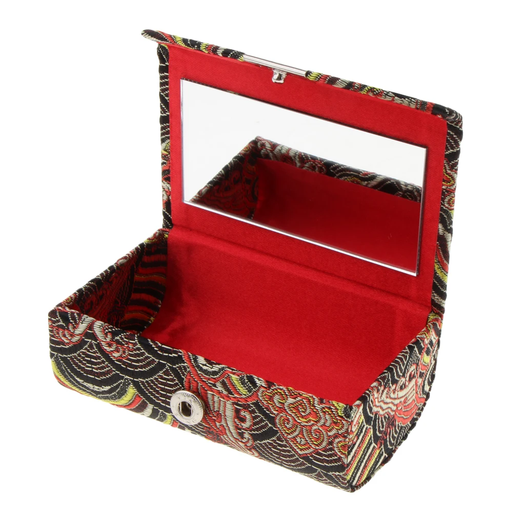 Retro Brocade Embroidered Chinese National Costume Design Lipstick Jewelry Case Holder Box With Mirror- Holds 2 Lipsticks