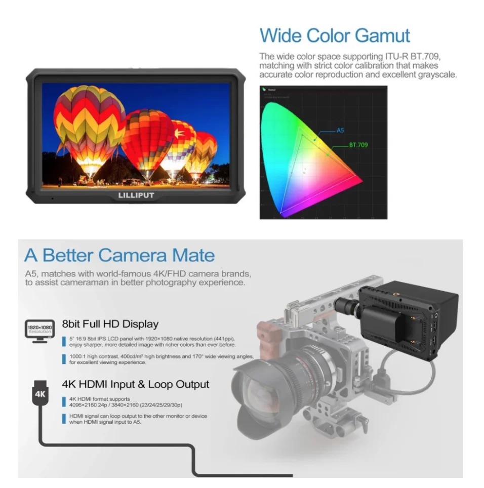Lilliput A5 5" IPS 4K HDMI-compatible Camera Monitor for DSLR or Mirrorless Camera, Camera-top Field Video Monitor