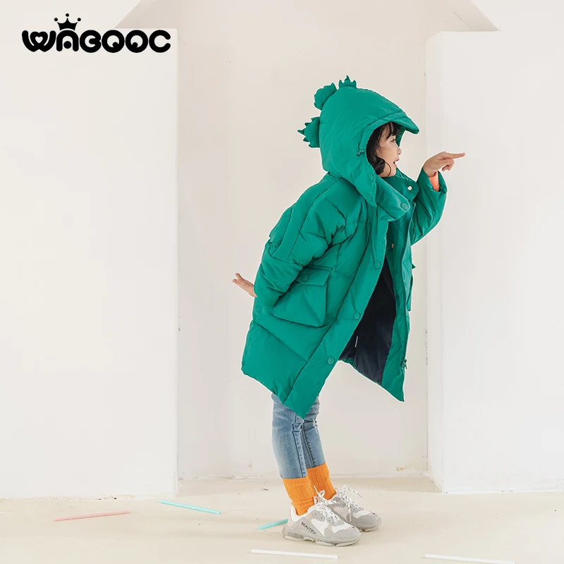 WABOOC/ новая зимняя куртка теплая детская одежда с рисунком динозавра для мальчиков и девочек Съемная шляпа для девочек от 2 до 8 лет, пальто для малышей - Цвет: Зеленый