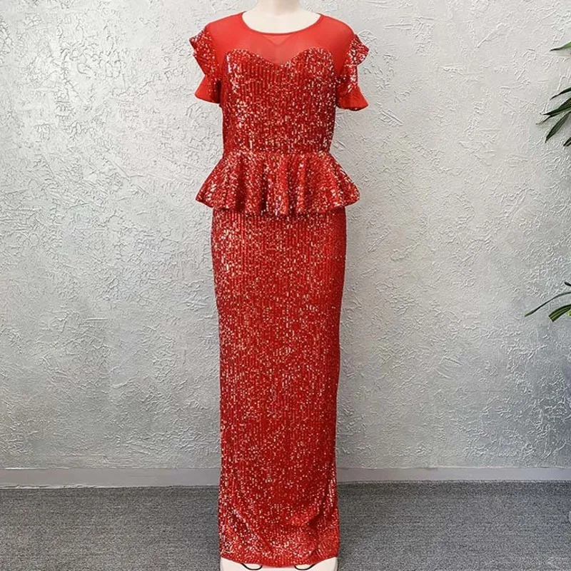 

2020 Mesh Party Dress Women African Clothes O-Neck Evening Dress Elegant Sequins Flare Short Sleeve Long Maxi Dress Plus Size