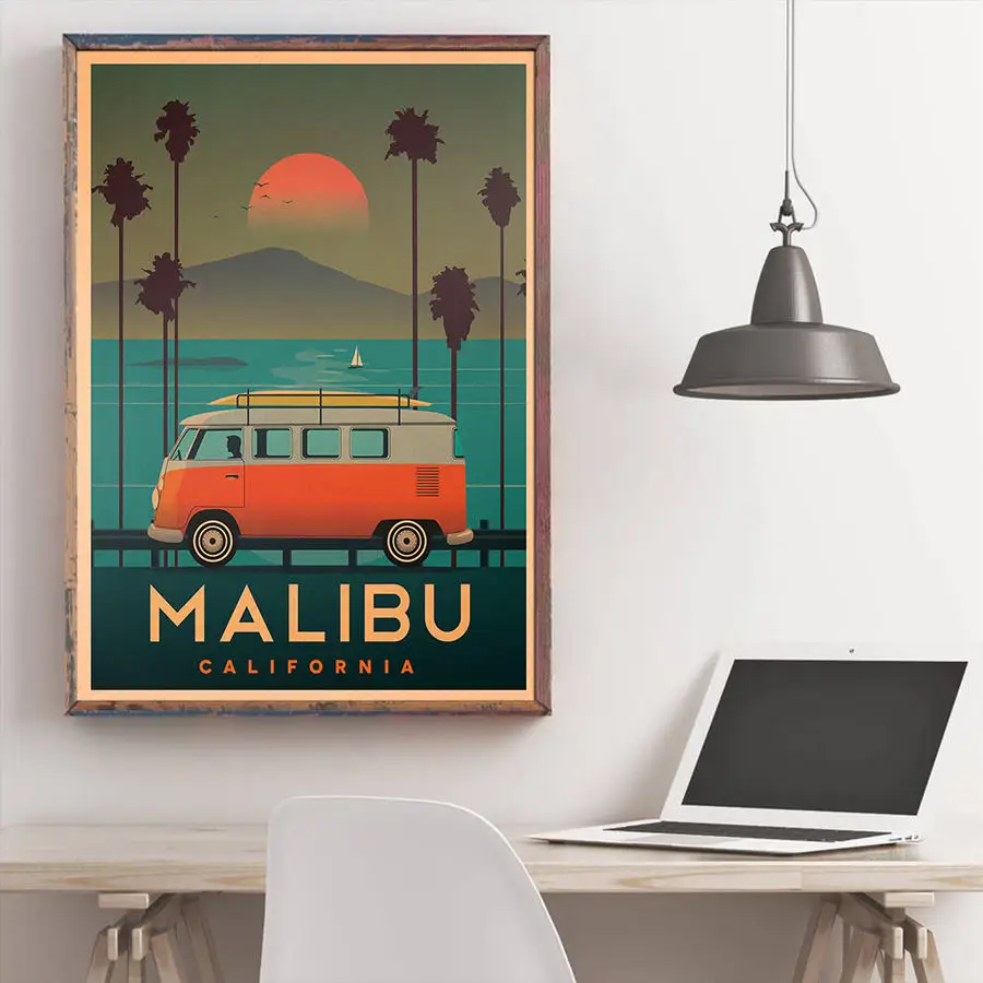 Malibu праздничный отдых плакат ручной росписью живописные пятна летний пейзаж Винтаж дома ретро кафе бар стены искусства стикеры 42x30 см