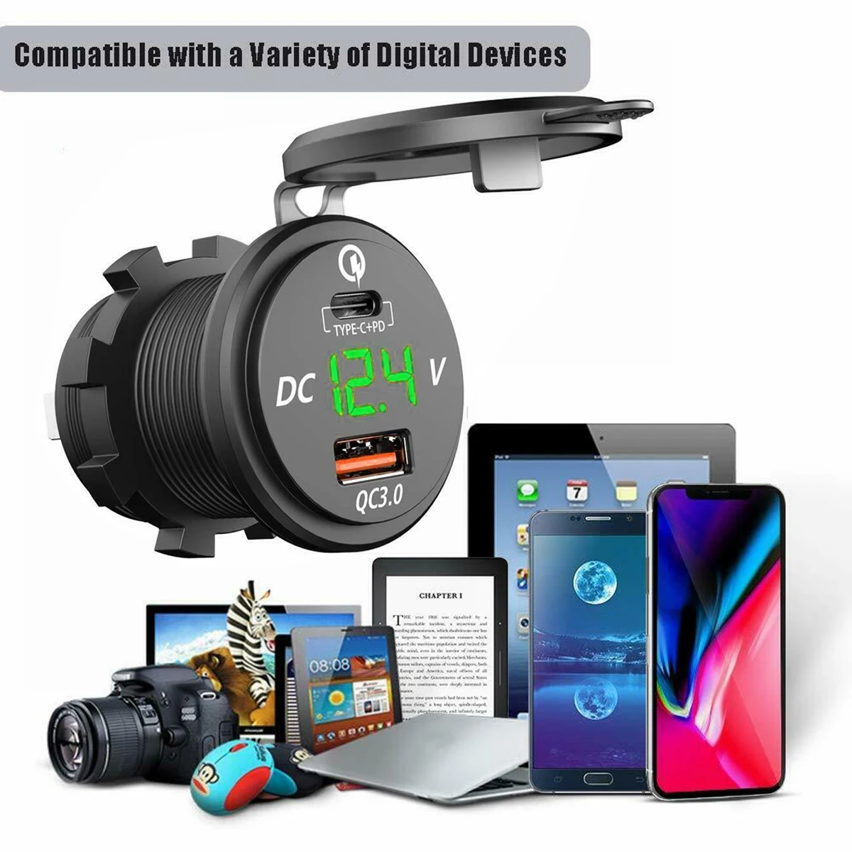 SOONHUA USB зарядное устройство PD Quick Charge 3,0 автомобильные зарядные устройства адаптер с светодиодный вольтметр для 12/24 В автомобиля мотоцикла