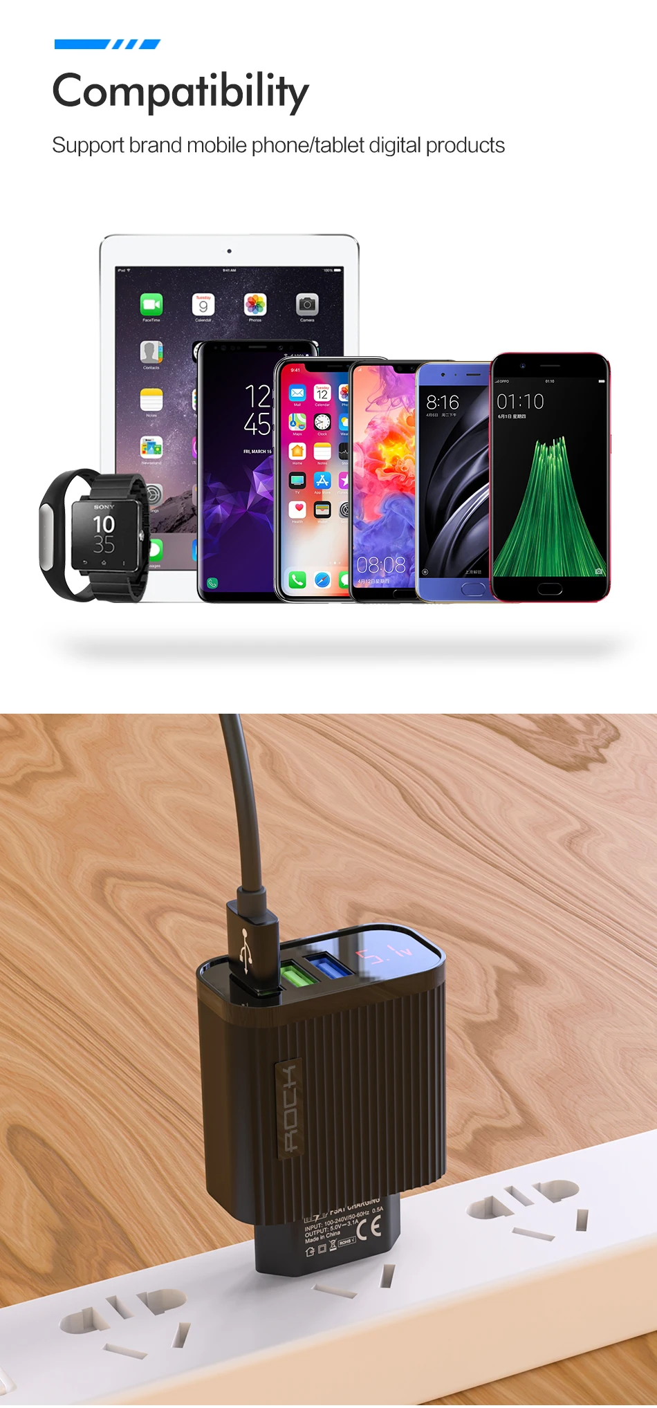ROCK цифровой дисплей быстрое зарядное устройство для телефона 3 порта USB 3A умное быстрое зарядное устройство для путешествий настенное зарядное устройство адаптер для iPhone samsung Xiaomi