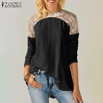 

2020 ZANZEA Women's Irregular Blouse Fashion Lace Patchwork Tops Long Sleeve Shirts Female Spring Work Blusas Oversize Tunic 5XL